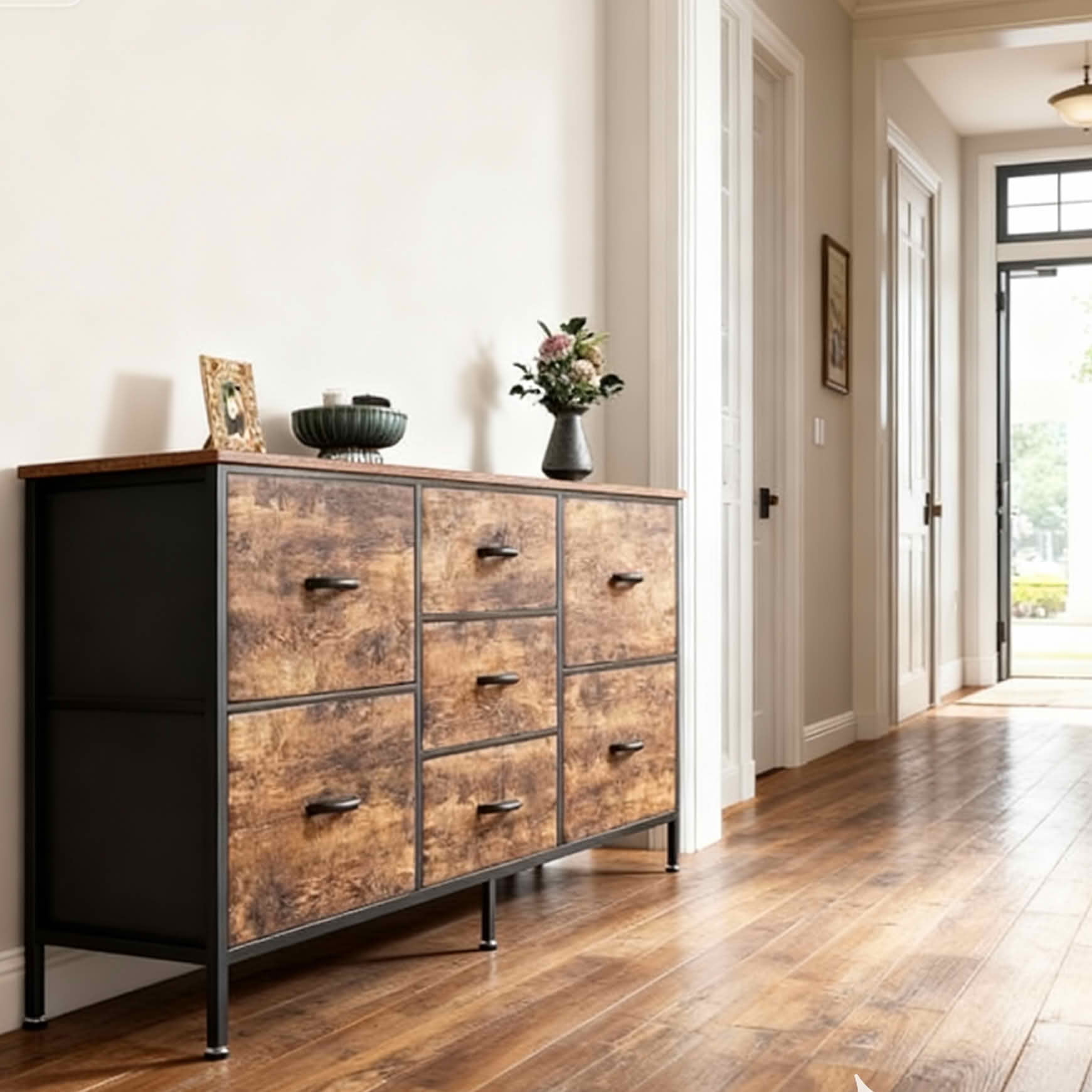 MAYEERTY 7 Drawer Dresser with Wooden Top & Metal Frame, for Bedroom Storage
