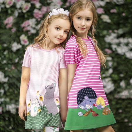 

Huilaibazo Girls Dress Toddler Baby Kids Girls Cotton Short Sleeve Casual Dress Cartoon Appliques Striped Princess Dresses