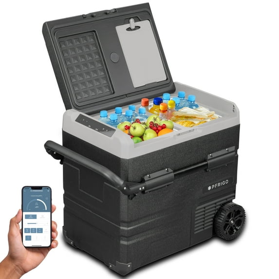 PFRIGO Car Fridge 59 Quart (55L) Portable 12v Cooler with Rolling Wheels, Pull Handle, Dual Temperature Control App, LED Touch panel and Quiet Electric Compressor for RV, Camping, Outdoor, and Travel
