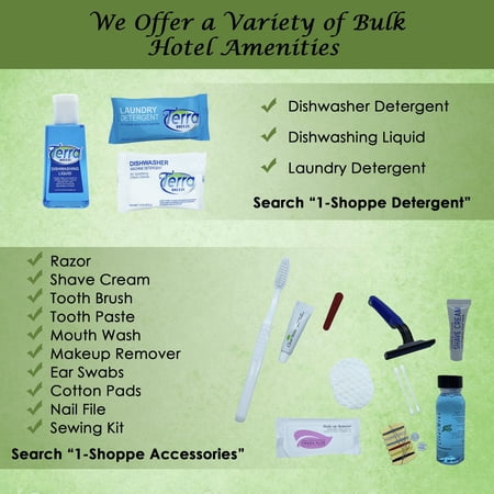 Terra Pure Hotel Soaps and Toiletries Bulk Set | 1-Shoppe All-In-Kit Amenities for Hotels | 1oz Hotel Shampoo & Conditioner, Body Wash, Body Lotion & 1.25oz Bar Soap Travel Size | Pieces