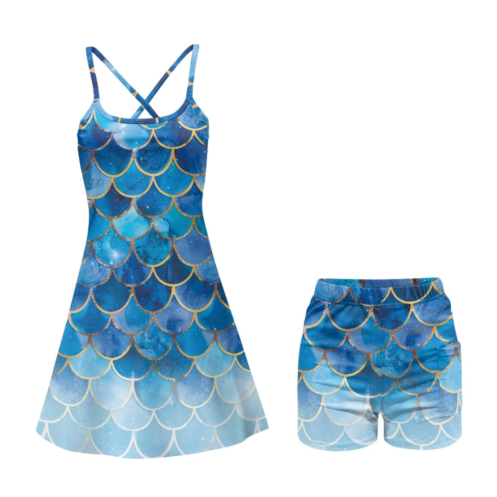 Yuyamidu Blue Fire Scale Women's Tennis Golf Dresses Built in Shorts with Pocket Stylish Summer Sleeveless Athletic Workout Golf Active Dress for Women Size L