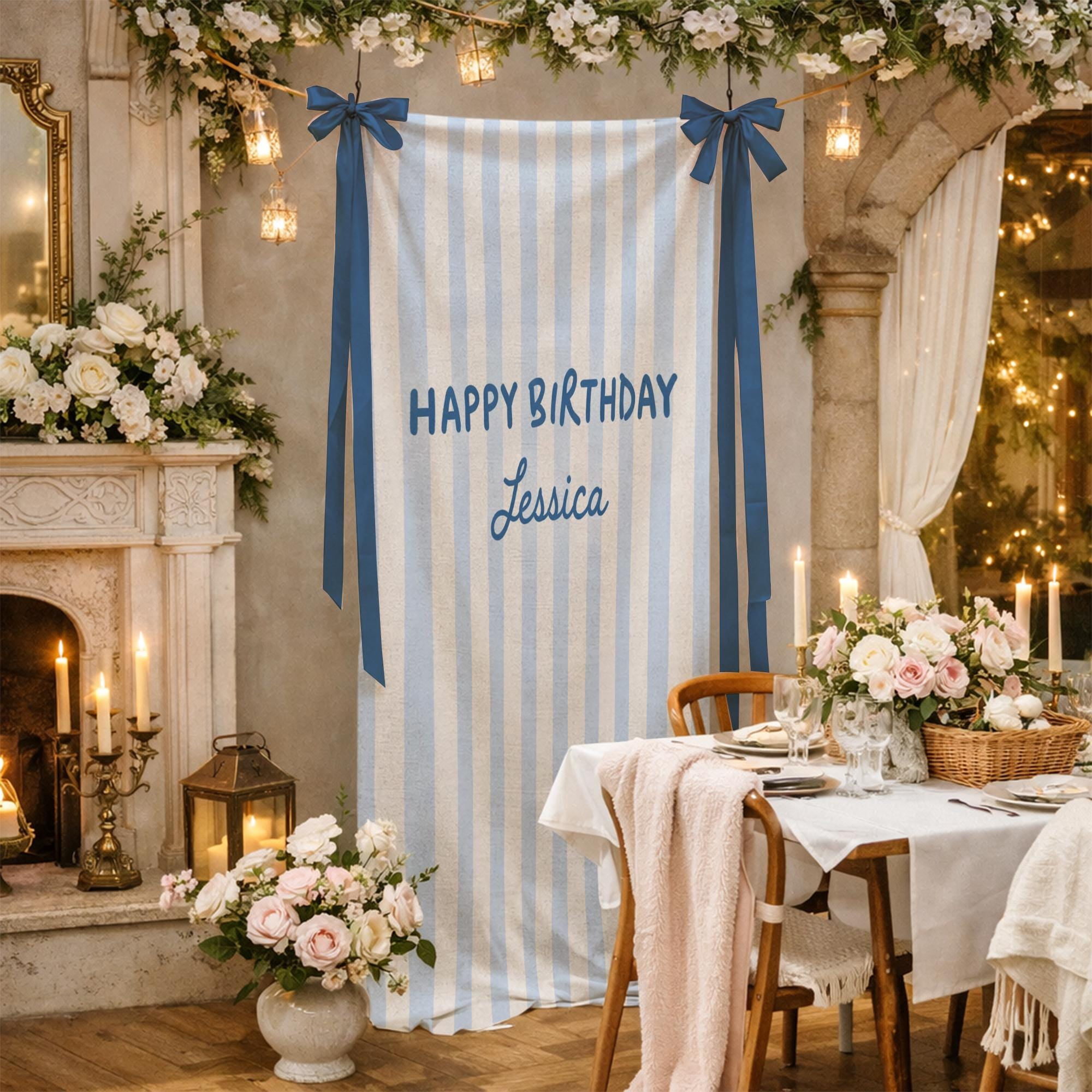 ViciArt Striped Cotton Linen Birthday Banner, Custom Name Party Backdrop