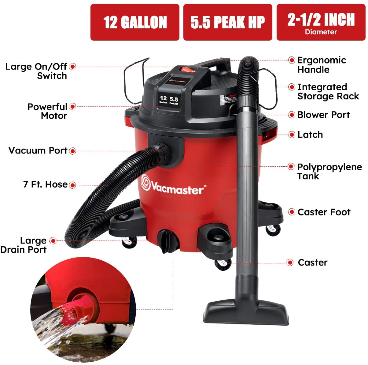 Vacmaster 12 Gallon Wet/Dry Vacuum, 5.5 Peak HP, 27ft Reach, Blower Function, 9 Accessories for Home, Garage & Car Cleaning