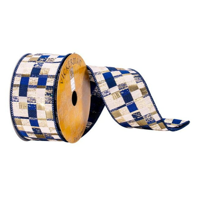 Vickerman Q214675 2.5 in. x 10 Yards Navy & Cream Square Ribbon