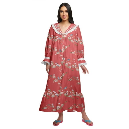 

Moomaya Printed Long Sleeve Maxi Nightdress Button Down Cotton Sleepwear Gown