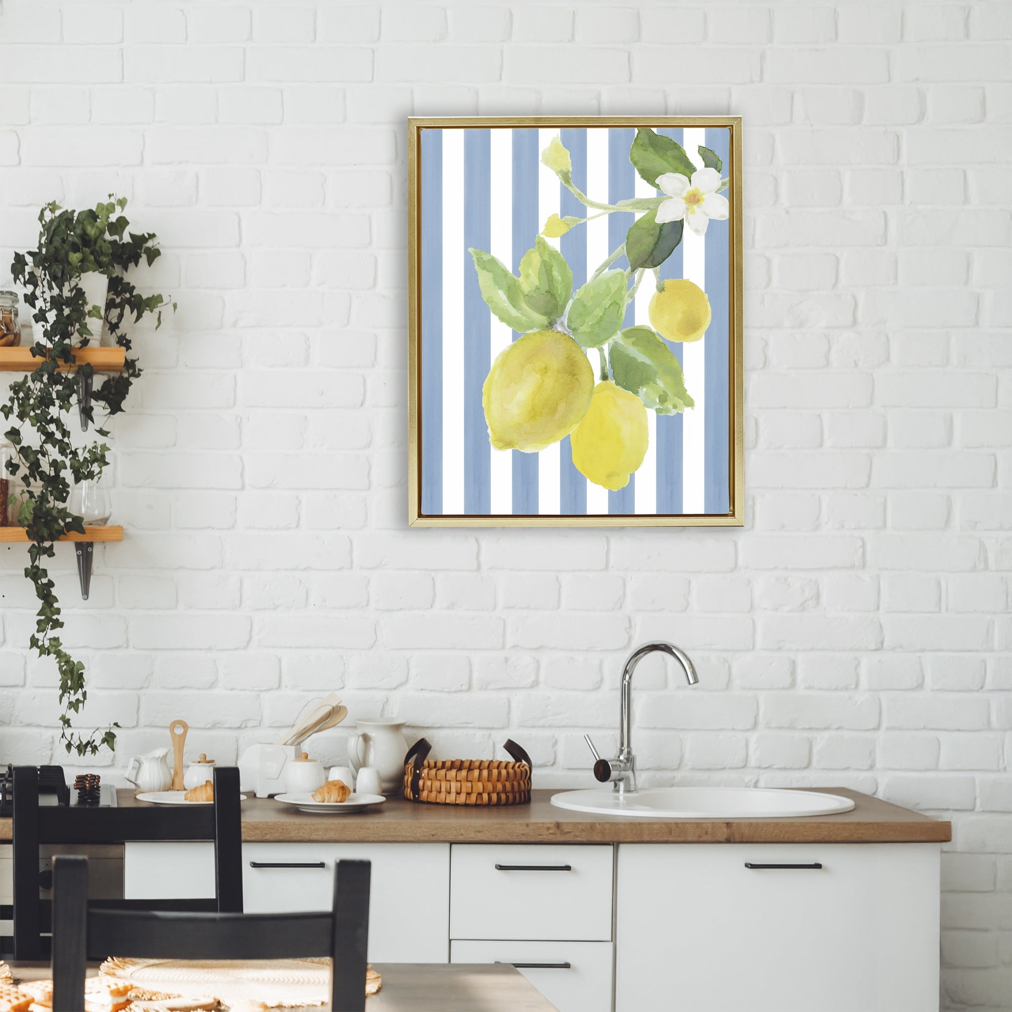 Stupell Industries Lemon Blossom on Blue Stripes Gold Framed Floater Canvas Wall Art, design by Lanie Loreth