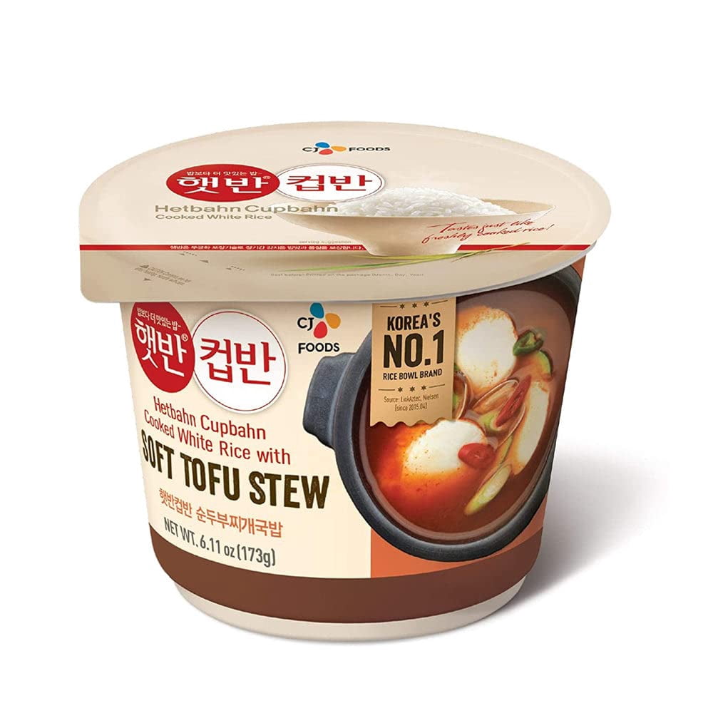 CJ Cupbahn Microwavable Rice Bowls Variety Pack Assorted Set Stir-Fried Kimchi , Soft Tofu Sew , Seaweed Soup , Yellow Cream Curry , Vegetable Bibimbap , Black Bean Sauce 6 Pack