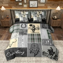 Homewish Western Cowgirl Cowboy Bedding Comforter Set 7pcs, Grey Cream Patchwork Queen Bedding Sets, Tribal Dreamy Catcher Reversible Queen Sheet Sets, Super Cozy Room Decor