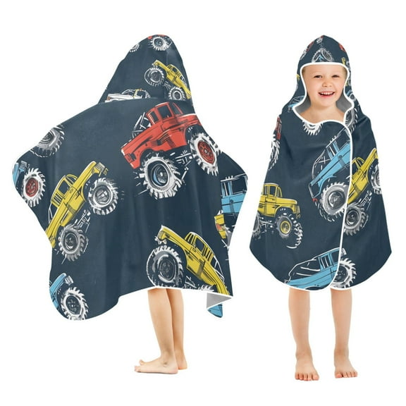 Colorful Monster Trucks Toddler Hooded Beach Towel 24" x 50" Kids Bath Towels Soft Quick Dry for Swim Pool Boys Girls