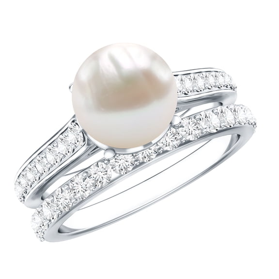 Rosec Jewels Natural Freshwater Pearl Wedding Engagement Ring Set - 7 Carat Engagement Ring with Wedding Band - AAA Quality, 925 Sterling Silver, US 4.00