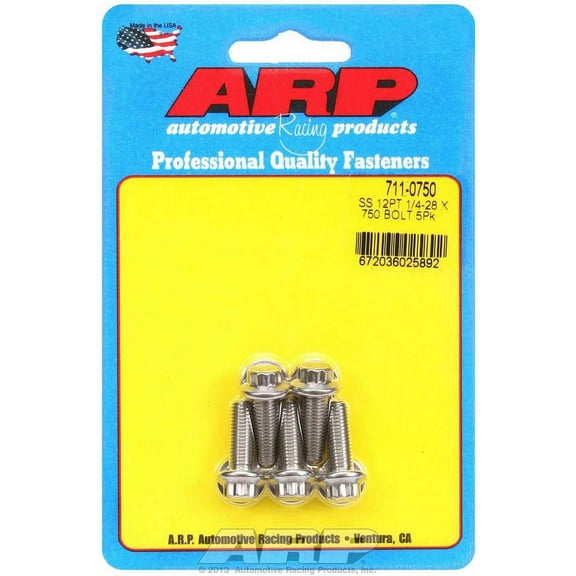 ARP 711-0750 Stainless Steel 1/4-28" Fine RH Thread 0.750" UHL 12-Point Bolt with 5/16" Socket and Washer, (Set of 5)