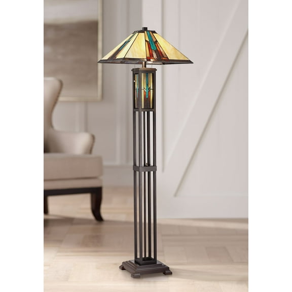 Robert Louis Tiffany Ranier Rustic Mission Floor Lamp 59 1/2" Tall Bronze with LED Nightlight Stained Art Glass Shade for Living Room Bedroom Office