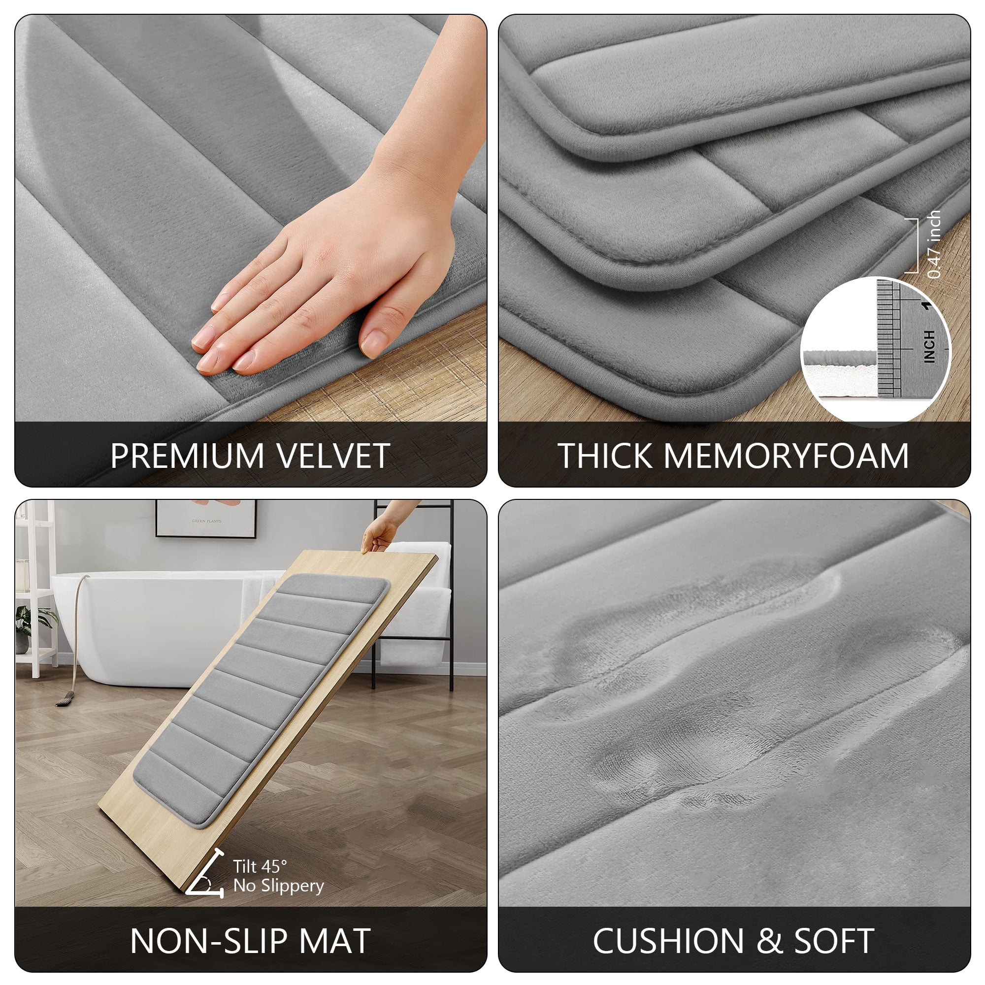 Hengbor 3Pcs Memory Foam Bathroom Mat Set Bathroom Rug Set Thick Soft Bathroom Rugs for Bathroom Water Absorbent Bathroom Shower Rugs Machine Washable Light Gray