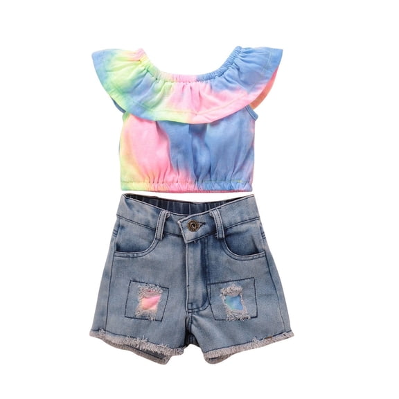 Mercatoo Toddler Baby Girls Outfits Straped Ruffled Off Shoulder Crop Tops Ripped Denim Shorts Summer Clothes Set