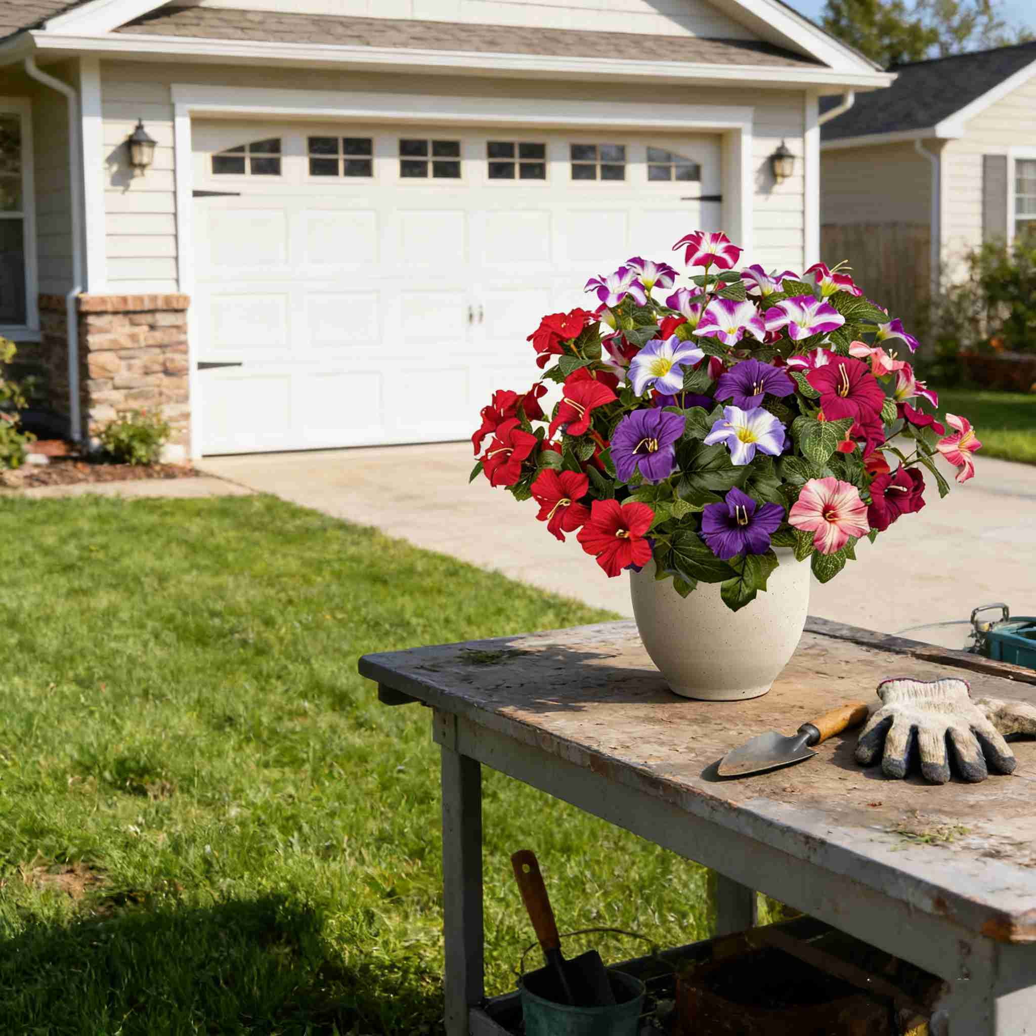 4Pcs Artificial Fake Flowers for Outdoor, 16.54" Faux Silk Petunias Spring Flowers for Indoor Porch Planter Front Door Garden Patio Window Box Home Decor(Mixed Colors)