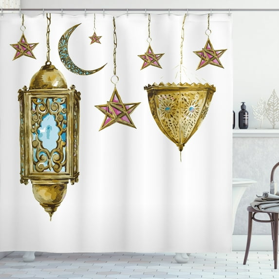 Ambesonne Oriental Shower Curtain, Watercolor Moon Stars Art, 69"Wx75"L, Marigold Pink Blue