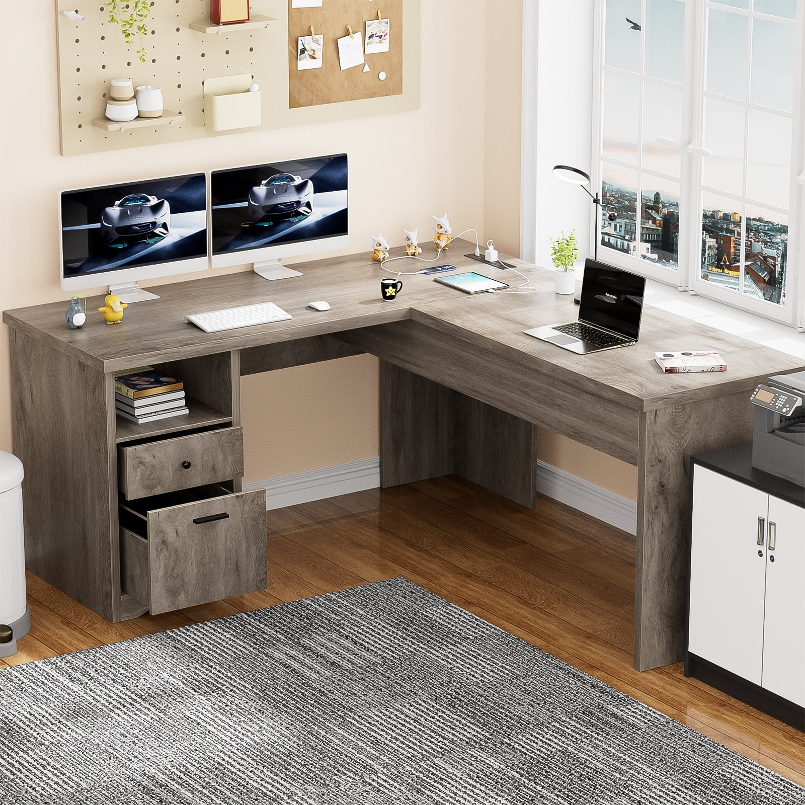 Homieasy L Shaped Desk with Power Outlets and USB Charging Ports, Lift Top Corner Computer Desk with Drawer, Large Office Desk with Storage Shelves, L Shaped Standing Desk for Home Office, Wash Gray