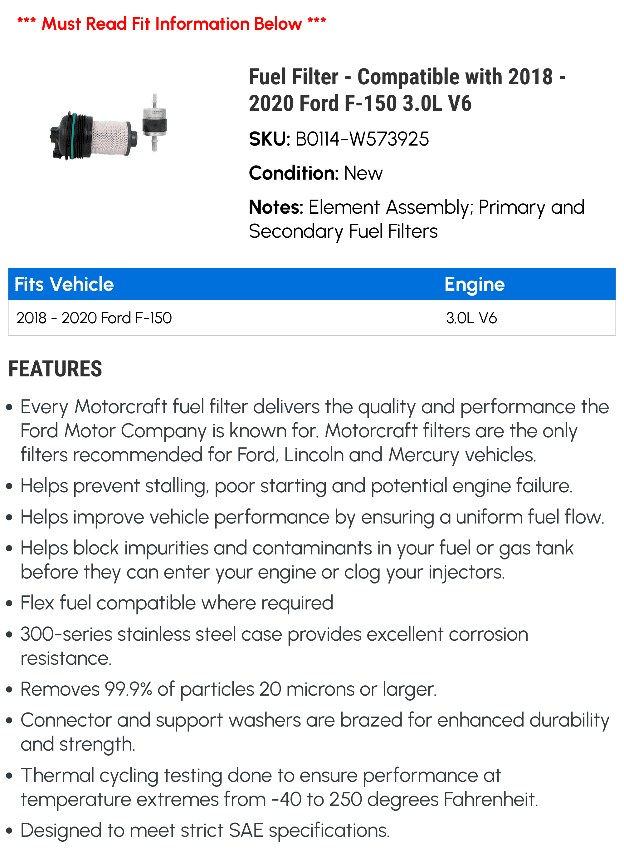 Fuel Filter - Compatible with 2018 - 2020 Ford F-150 3.0L V6 2019