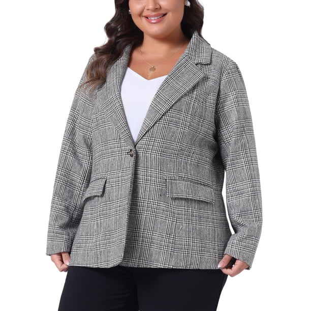 Blazers Agnes Orinda para Mujeres Talla Grande a Cuadros con Solapa Notch de Manga Larga Chaquetas de Blazer Casual de Negocios 2X Negro Blanco