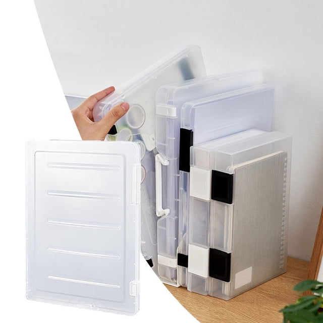 Langgg Transparent Portable File Case Double-buckle with Magazine Protectors Container Handle Transparent Plastic Box Office Box Containers A4 Thin White