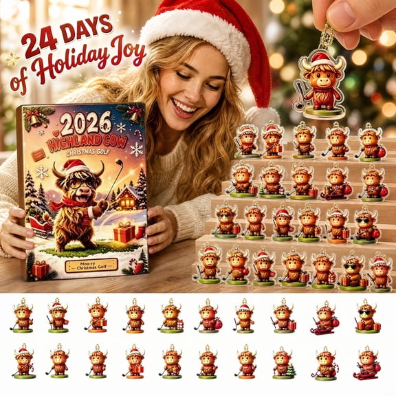 24Pcs Cute Golf Highland Cow Christmas Advent Calendar 2026, 2D Flat Highland Cow Hanging Ornaments Xmas Countdown Gift Box, Whimsical Holiday Tree Decor Stocking Filler