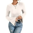 thumbnail image 2 of Lenpel Women's T-Shirts Bell Long Sleeve Crew Neck Ruffle Trim Slim Ribbed Knit Tops Brushed Fleece Tee Blouses(Beige,XX-Large), 2 of 7