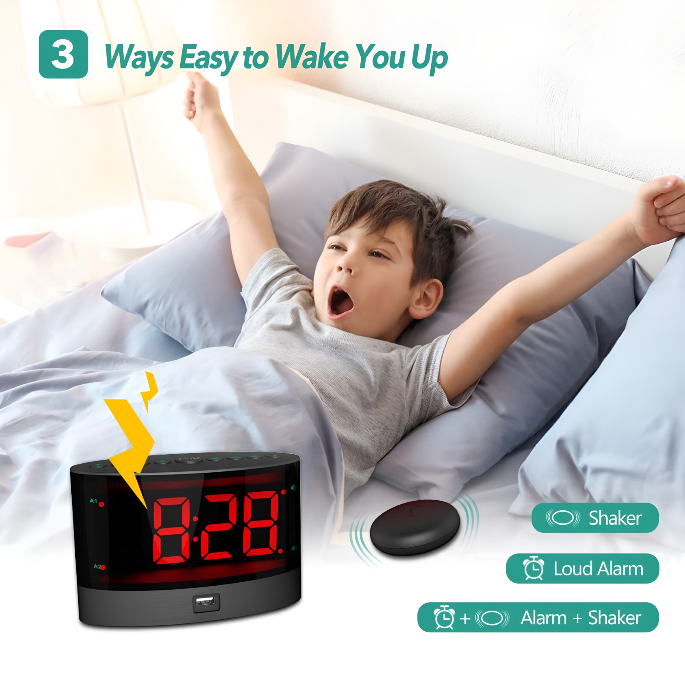 DESIGNICE Extra Loud Alarm Clock with Bed Shaker,Heavy Sleepers,Adjustable,USB
