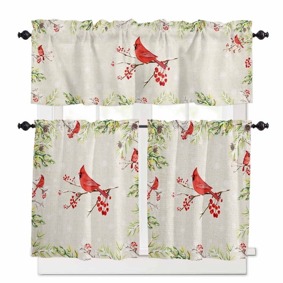 Winter Cardinal Bird Kitchen Curtains and Valances Set, Snowflake Linen Red Berry Pine Cones Rod Pocket Window Valance Window Curtain Panels for Living Room Bedroom Laundry, 27.5x24in, 3 Pieces