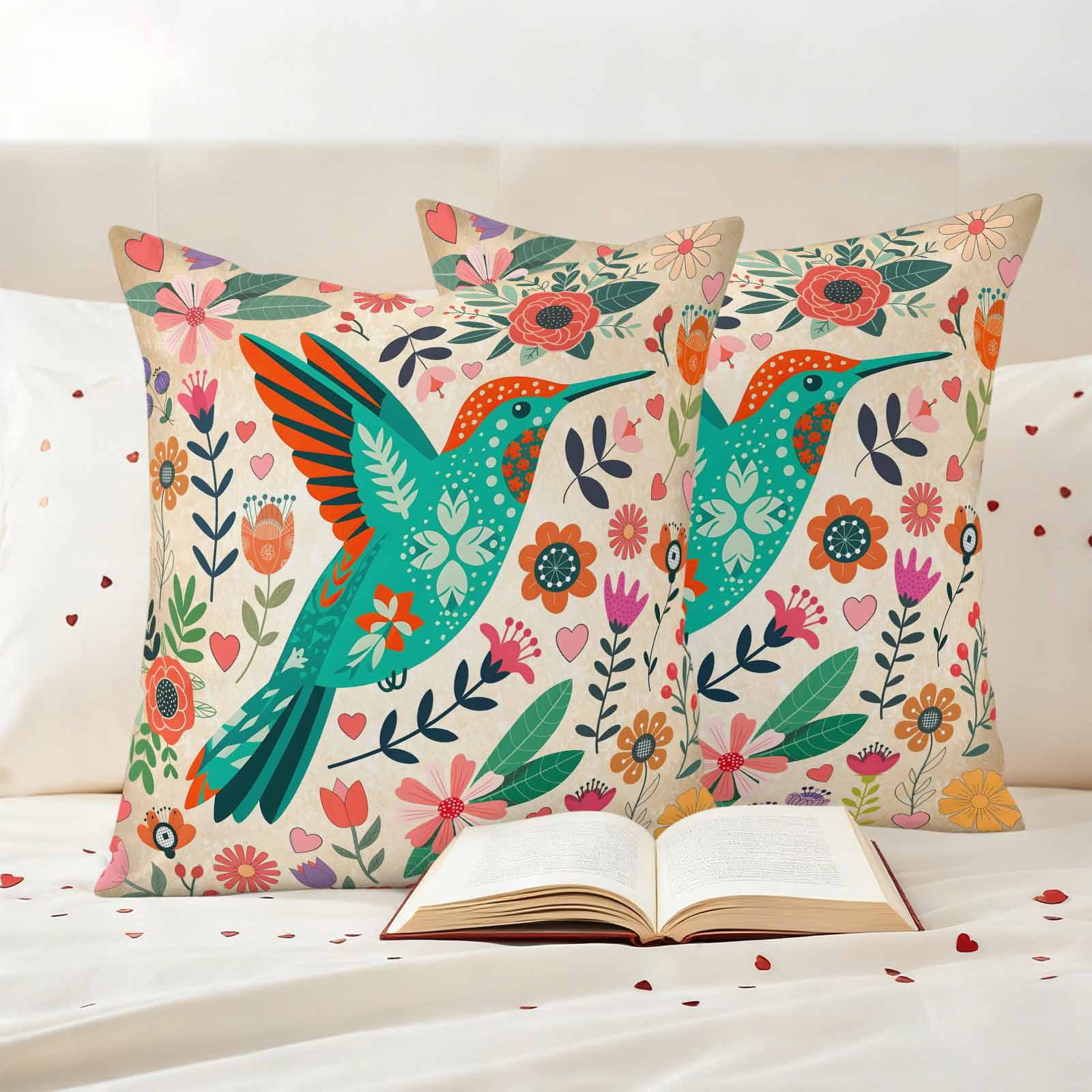 Turquoise Birds Outdoor Waterproof Pillow Covers, Retro Farmhouse Colorful Flowers Herbs Decorative Square Throw Pillowcase Sofa Cushion Sham for Patio/Couch/Chair, 24"x24" 2 Pack