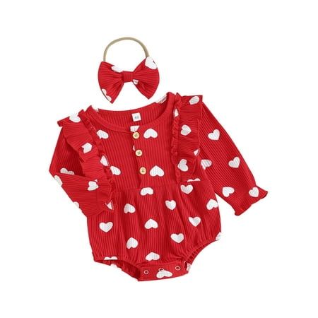 

FEORJGP Infant Girls Valentine s Day Outfits Kids Autumn Ruffle Romper Newborn Baby Long Sleeve Bodysuit Heart Print Button Romper Crew Neck Jumpsuit with Headband