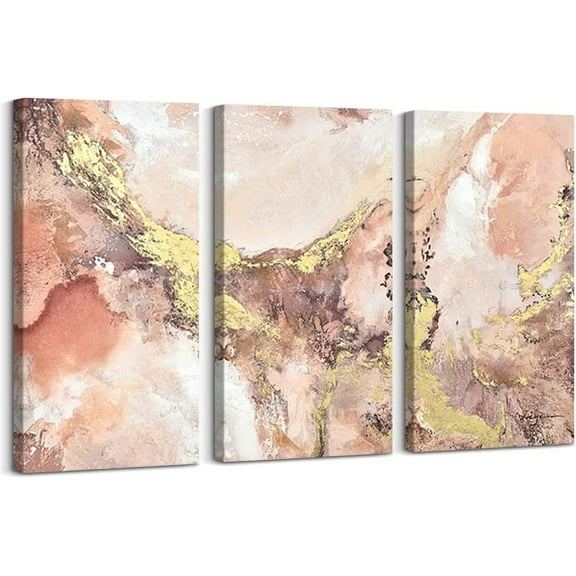 CREOATE Abstract Wall Art, 3 Pieces Hand-Painted Pink and Gold Painting Canvas Wall Art for Girls Bedroom Wall Decor, 8x16 Inch x3Pcs, Small…