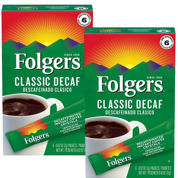 Folgers Classic Decaf Decaffeinated Instant Coffee Crystals, 6 Single Serve Packets (2 Boxes, 12 Sachet Total) 100% Pure Coffee Medium Roast Convenient On the Go Coffee Powder & CUSTOM Storage Carrier