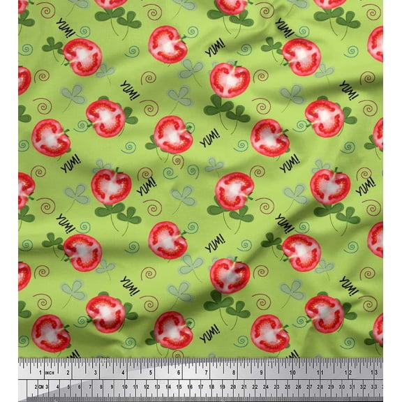 Soimoi Green Rayon Fabric Text,Leaves & Tomato Vegetable Decor Fabric Printed Yard 56 Inch Wide
