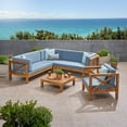 thumbnail image 2 of Timothy Outdoor 6 Seater Acacia Wood Sectional Sofa and Club Chair Set, Teak Finish, Blue, 2 of 6