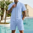 thumbnail image 5 of HBGVBA Men Solid Color Casual Vintage Linen Elastic Waist Shorts Button Stand Collar Pocket Short Sleeve Shirt 2 Piece Beach Set, 5 of 5