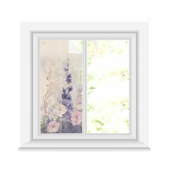 Window Privacy Film Watercolor Lavender Stained Glass Window Film Decorative Sun Block Window Cover Country Spring Field Leaf Wildflower Window Clings Static Adhesive Sticker for Bathroom 17.7"x39.3"