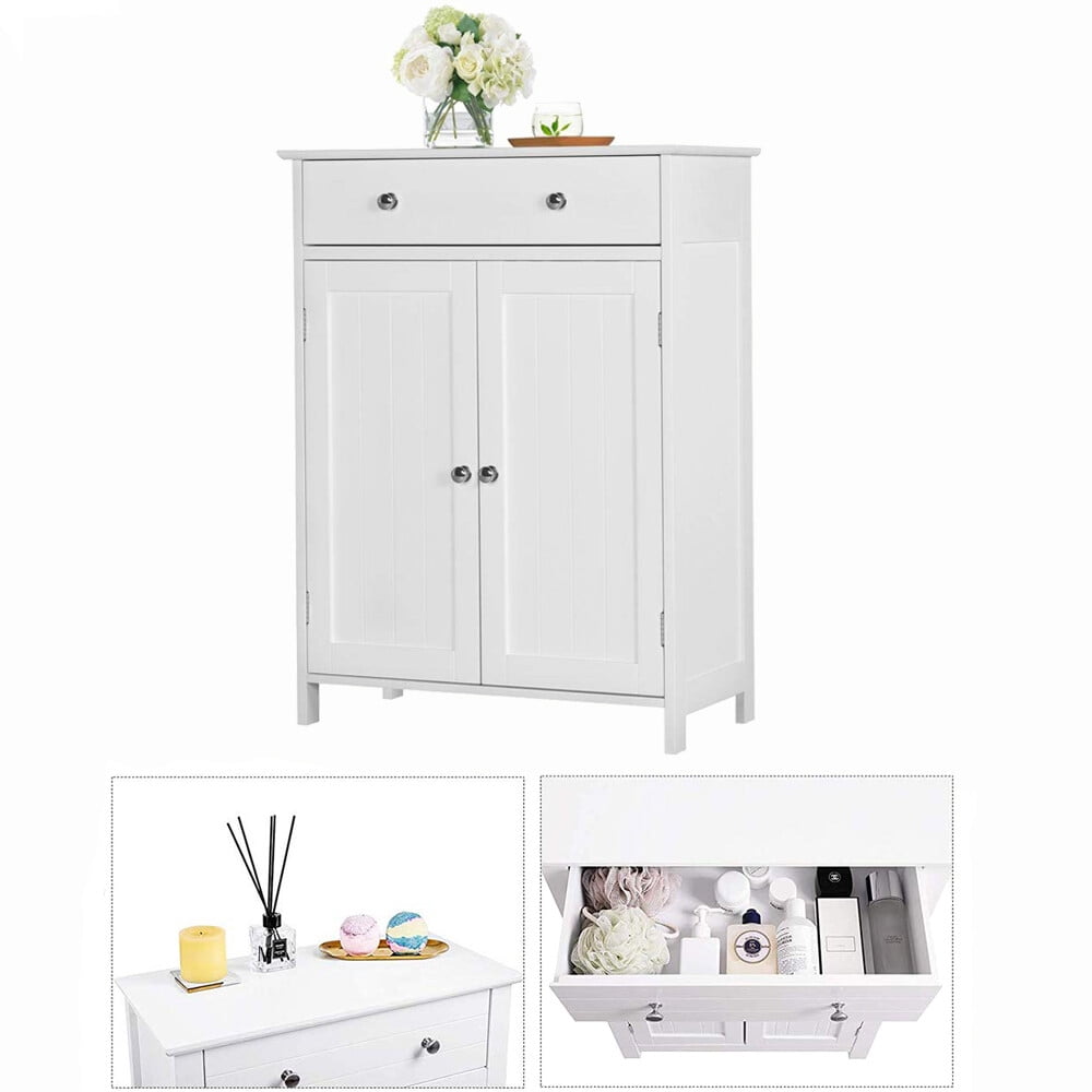 FASCK Wooden Bathroom Storage Cabinet, Modern Bathroom Organizer Cabinet with 3 Heights Adjustable Shelf, Drawer & 2-Door Shelf for Living Room Entryway, Easy Assembly, White