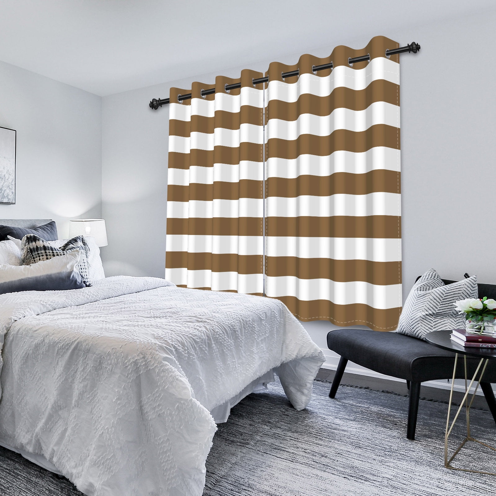 Nanqianyi Brown Striped Blackout Curtains Panel Pair, 42"x84", Grommet Top Thermal Insulated Drapes for Bedroom Living Room