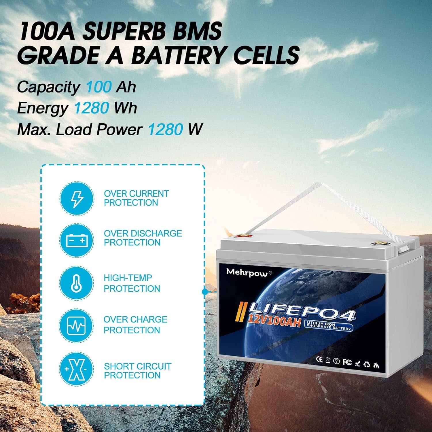 Mehrpow 12V 100Ah Bluetooth LiFePO4 Battery, 100Ah Lithium Battery with 100A BMS, 12V Lithium Batteries 15000+ Cycles at 100% DOD, Perfect for RV, Camping, Solar Panel System, Marine, Trolling Motor