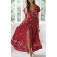 thumbnail image 4 of Vestido largo bohemio con estampado floral, cuello en V, manga corta, abertura para fiesta en la playa para mujer, 4 of 8