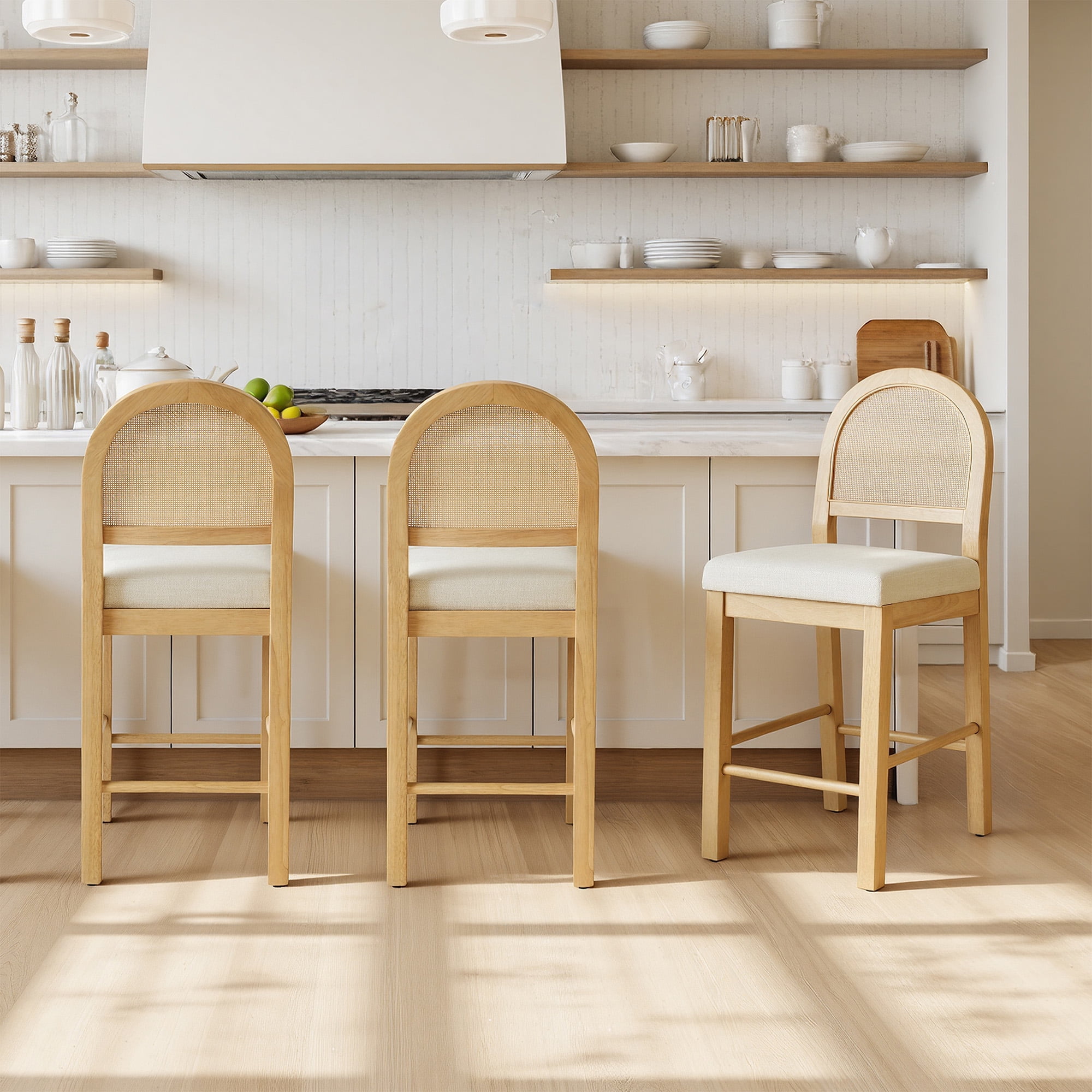 Spruce & Spring Boho Rattan Counter Stool with Solid Wood Frame and Upholstered Seat Set of 2, Natural