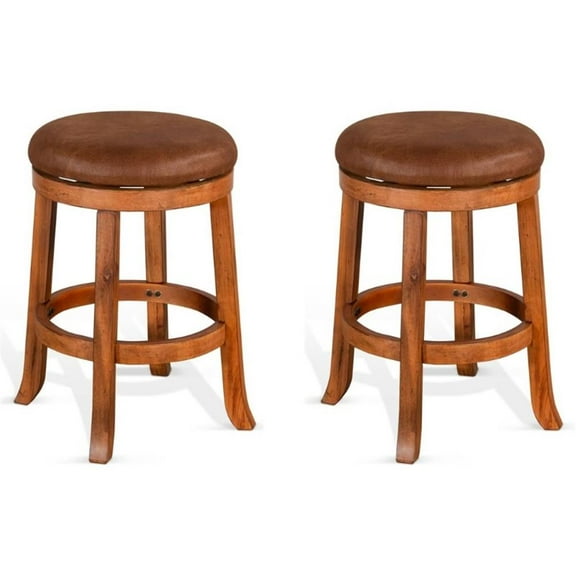 Pemberly Row 24" Mahogany Wood Backless Swivel Stool in Rustic Oak (Set of 2)