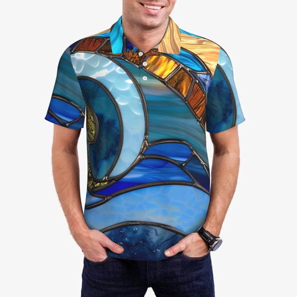 Balery Stained Glass Ocean Wave Camisa Polo de Hombre con Estampado, de Manga Corta y Tejido Medio, Camisa Tipo Golf Polo-4X-Large