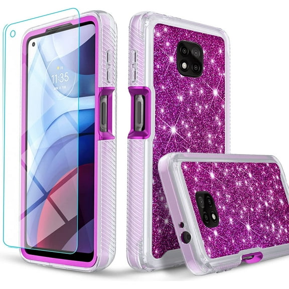Circlemalls for Moto G Power 2021 Case, Tempered Glass Screen Protector, Glitter Cover-Purple
