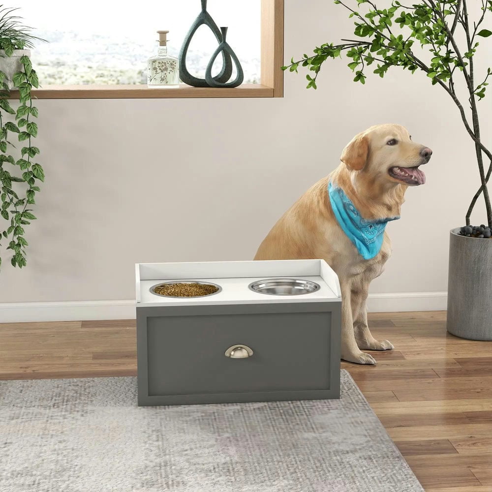 Spaco Pet Feeding Station, Pet Dish Bowl Set with Storage, 2 Elevated Dog Bowls for Large Sized Dogs, Gray
