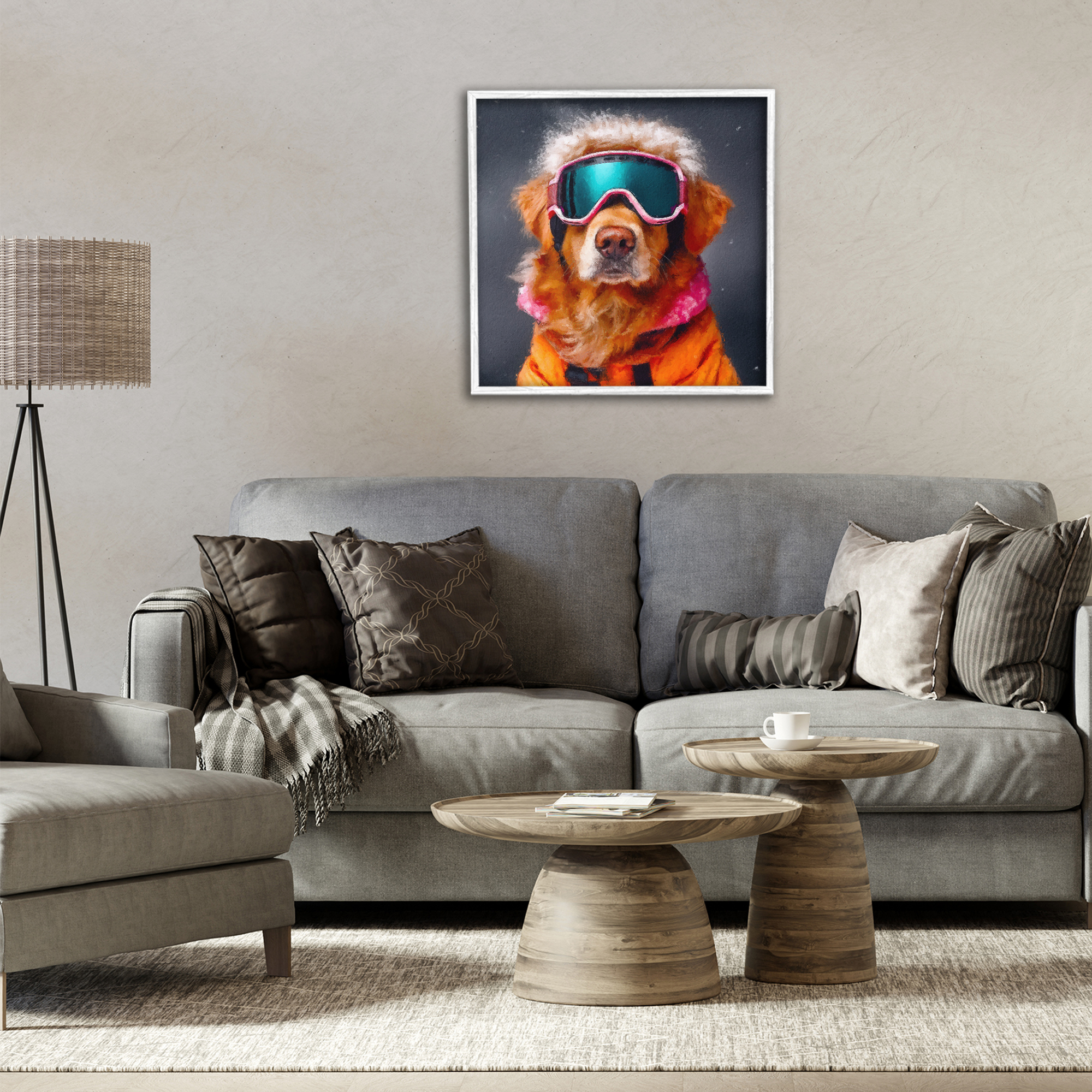 Ski Dog with Goggles White Framed Giclee Art, design by Sean Parnell