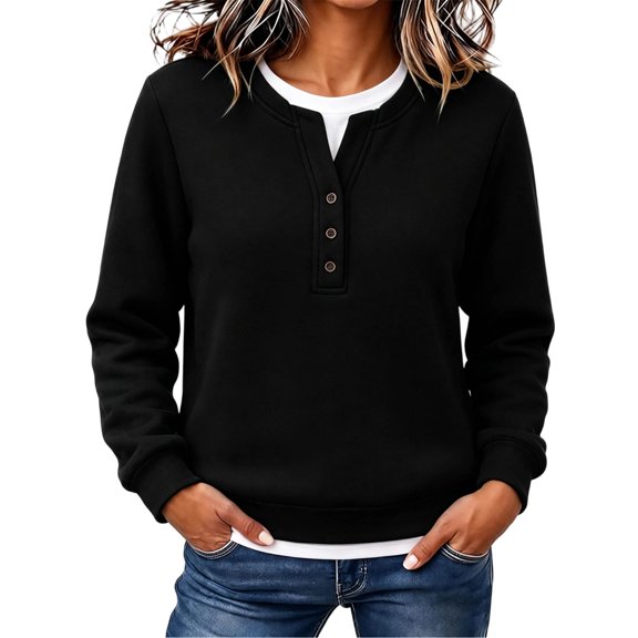 cocolona Womens Sweatshirts no Hood Crew Neck Patchwork Casual Long Sleeve Button Trendy Pullover Sweatshirts