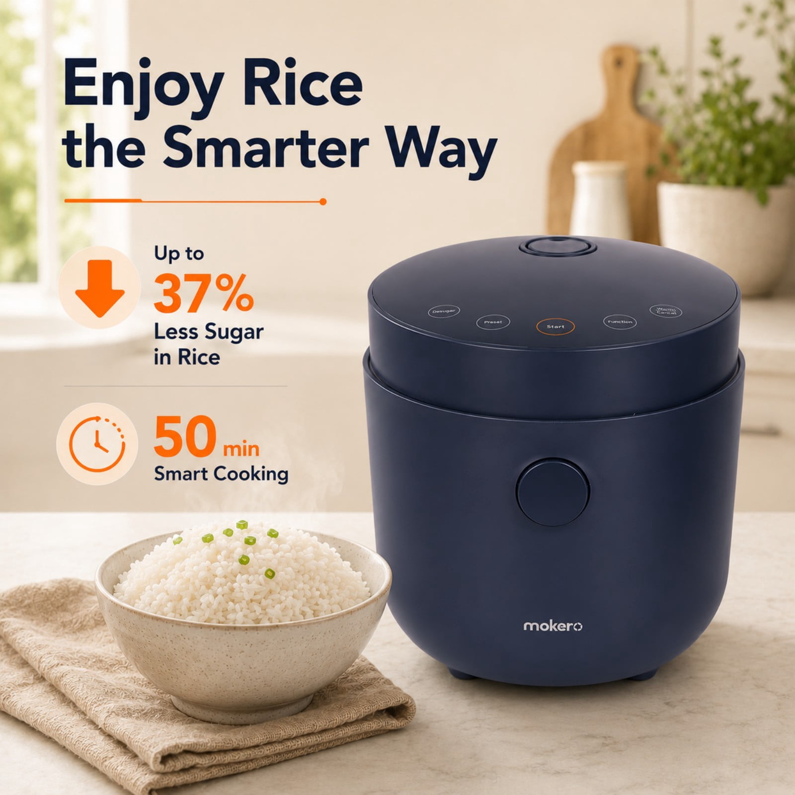 Hakka Low Carb Rice Cooker, 2L Mini Desugar Rice Cooker, 4 Cups Uncooked Rice, 7 Functions Smart Cooker with Stainless Steel Steamer, Non-Stick Inner Pot and 24H Delay Timer