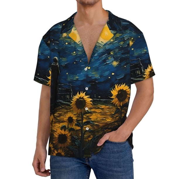 Fotbe Oil Starry Sky Sunflower Camisa Estampada de Manga Corta para Hombre, Casual de Verano, Estilo Playero, Sin Arrugas-Large