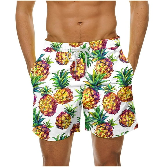 LYEAA Swim Trunks for Men Elastic Waist Summer Beach Big Men's Swimming Shorts Hawaiian Colorful Pineapple Printed Surfing Board Shorts Casual Sports Fashion Comfort Swimwear with Pockets White M